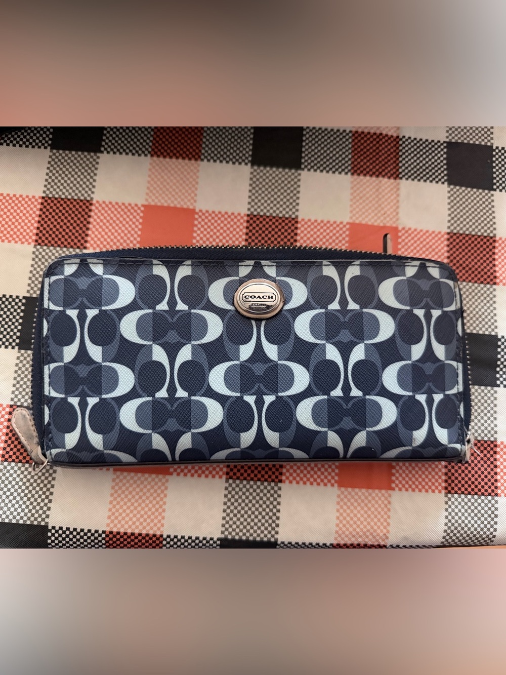 COACH Navy and Light Blue Signature Zip Wallet